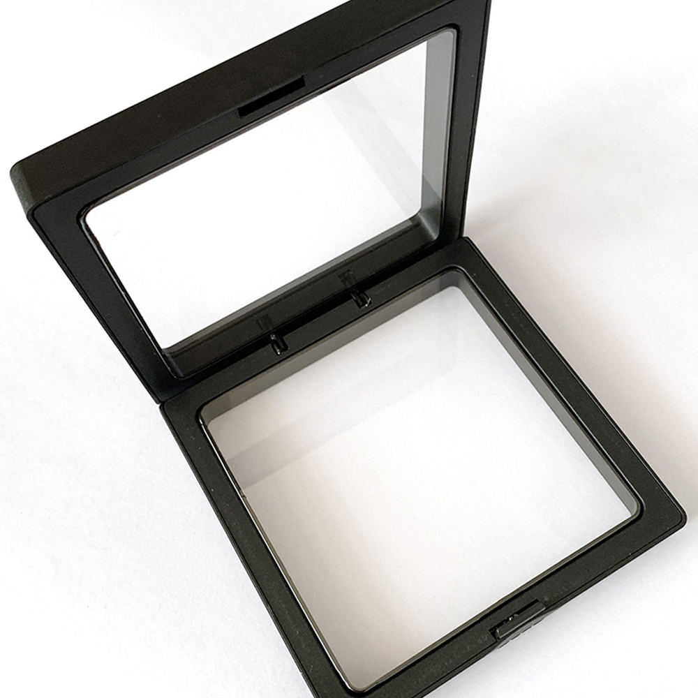 2 stk sæt 90*90mm sorte 3d flydende mønt display smykker ramme holder æske etui stativ udsøgt opbevaringsstativ