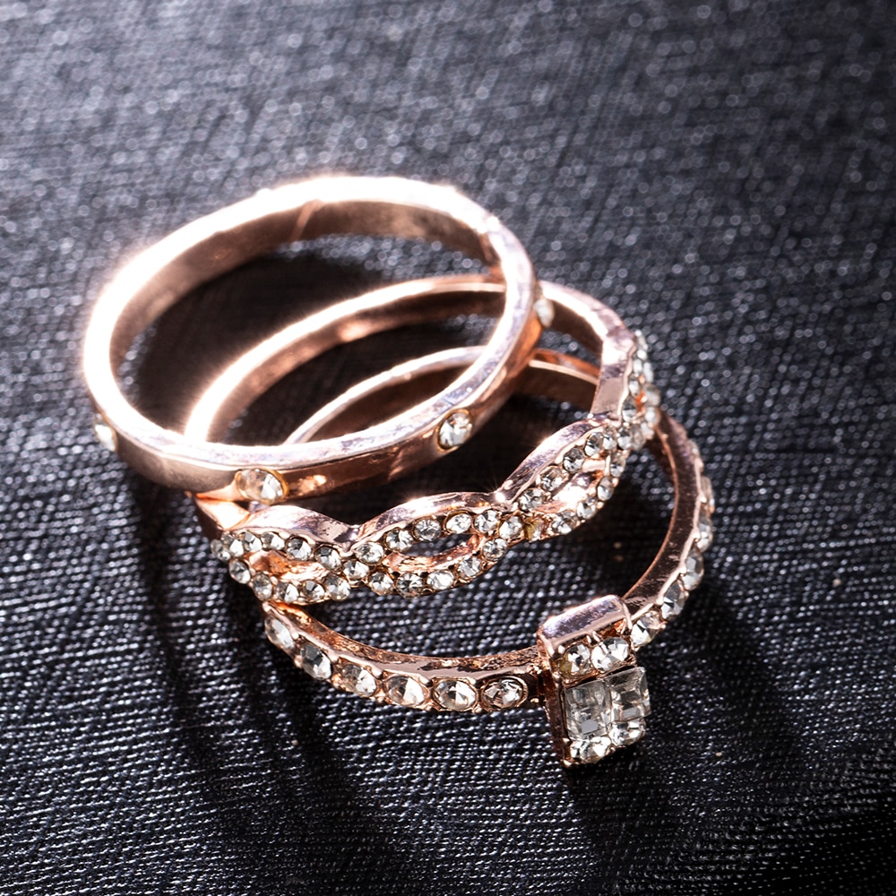 3 Pcs Trendy Sparkling Round Cut Zircon Ring Set Women Brilliant Shiny Stone Wedding Rings Teen Girls Cubic Zirconia Ring