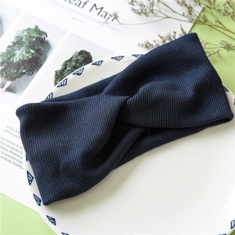 Diademas de lana con nudo cruzado tejido liso para mujer, soporte para el pelo, cintas elásticas para el cabello, turbante, accesorios para el cabello: navy blue-1