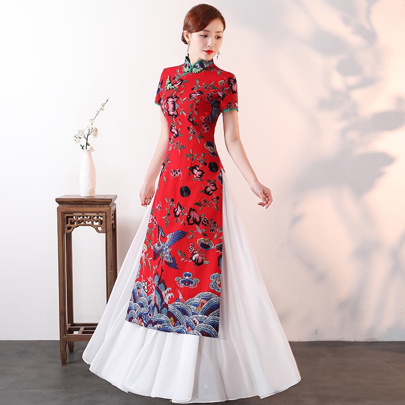 Senhora vintage impressão floral longo cheongsam tamanho grande 5xl cetim elegante ajuste e alargamento qipao vermelho vestido de noiva chinesa