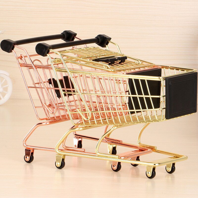 Mini Shopping Cart Storage Box Small Object Storage Basket Wrought Iron Metal Supermarket Trolley Storage Basket-Gold