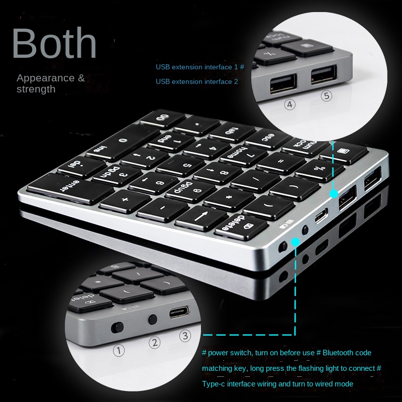 Numeric Keypad Wireless Digital Keyboard Bluetooth-Compatible Aluminium with USB Ports hub For Windows Laptop Computer Phone