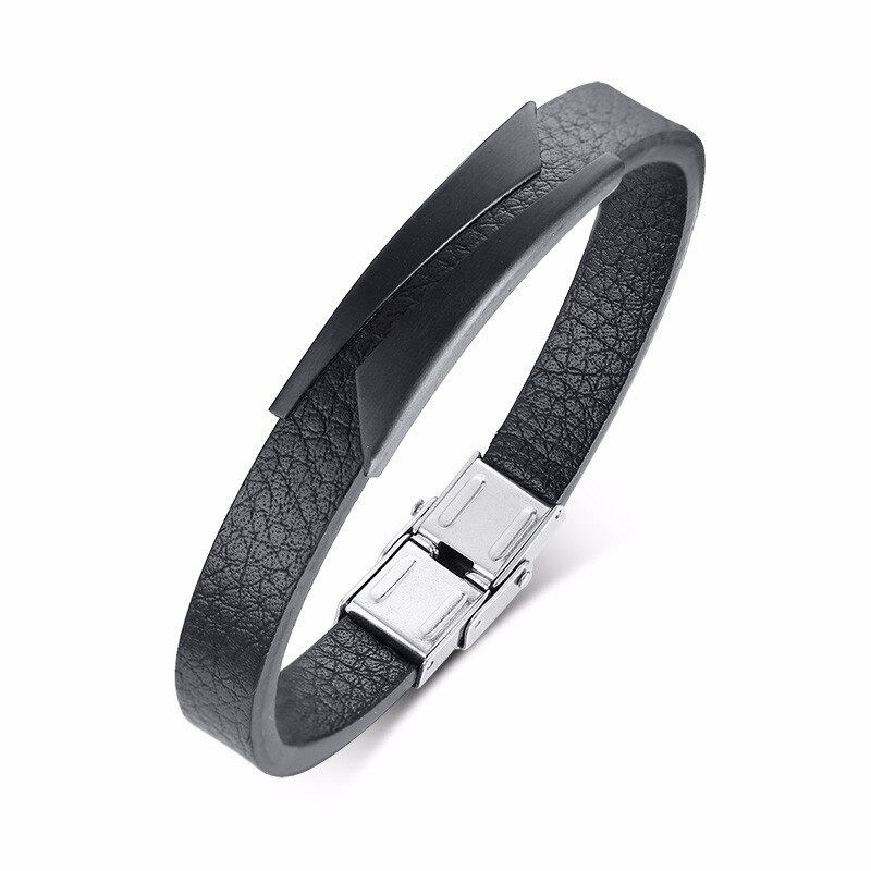 Men's Stainless Steel And Black Leather Bracelet in Black Brackelts Brazalet Brazalete Gents Jewelry: 516BB