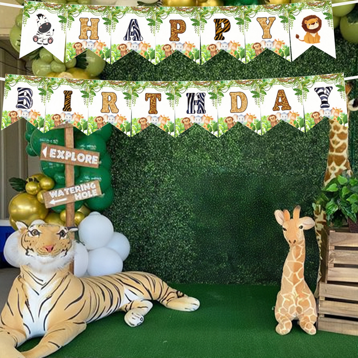 Pancarta de cumpleaños de animales del bosque, Safari de la selva, pancarta de primer cumpleaños para niños, jirafa Monekey, decoración de de feliz cumpleaños, banderas colgantes