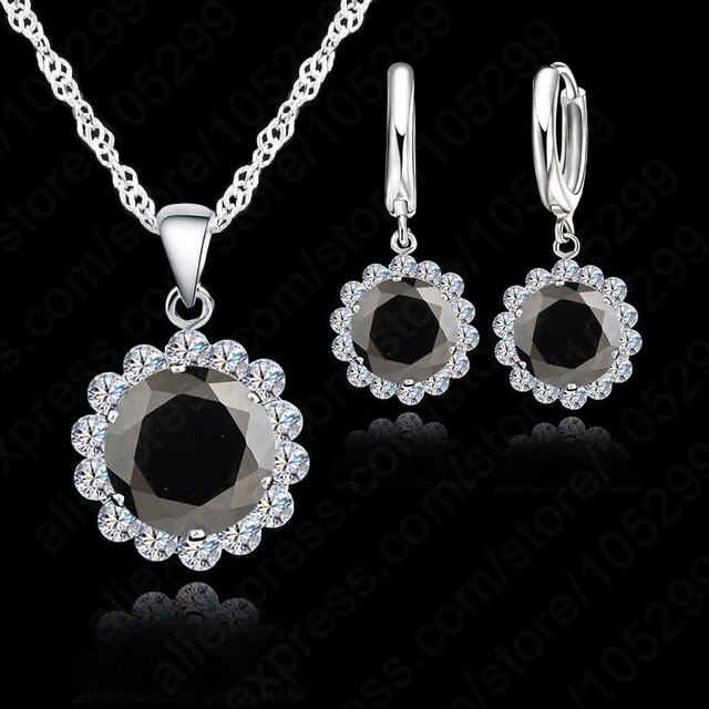 Conjunto de joias para casamento, de alta qualidade, flores solares, prata esterlina 925, zircônio cúbico, conjunto de pingente, colar, brincos, moda feminina: black