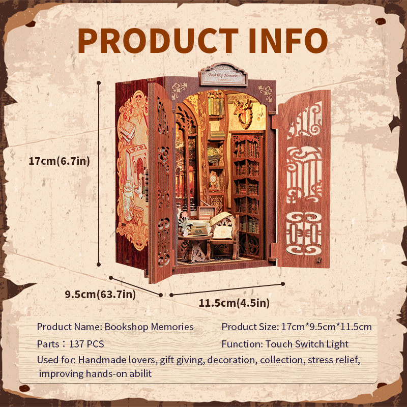 CUTEBEE DIY Buchen Winkel Bausatz Miniatur-Puppenhaus aus Holz mit Licht, Bücherregal, Einsatz, Dekorationsmodell für , Buchhandlung, Erinnerungen