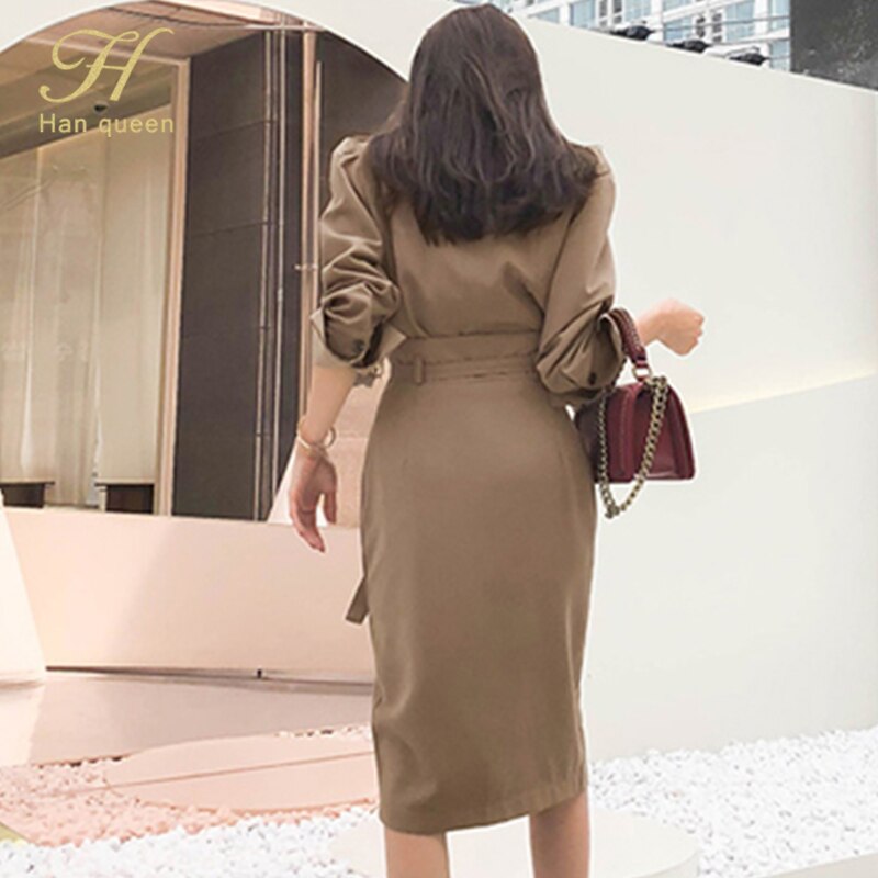 H Han Queen-Conjunto de 2 piezas de chaqueta y Falda de tubo de cintura alta para mujer, traje de trabajo coreano de invierno con doble botonadura