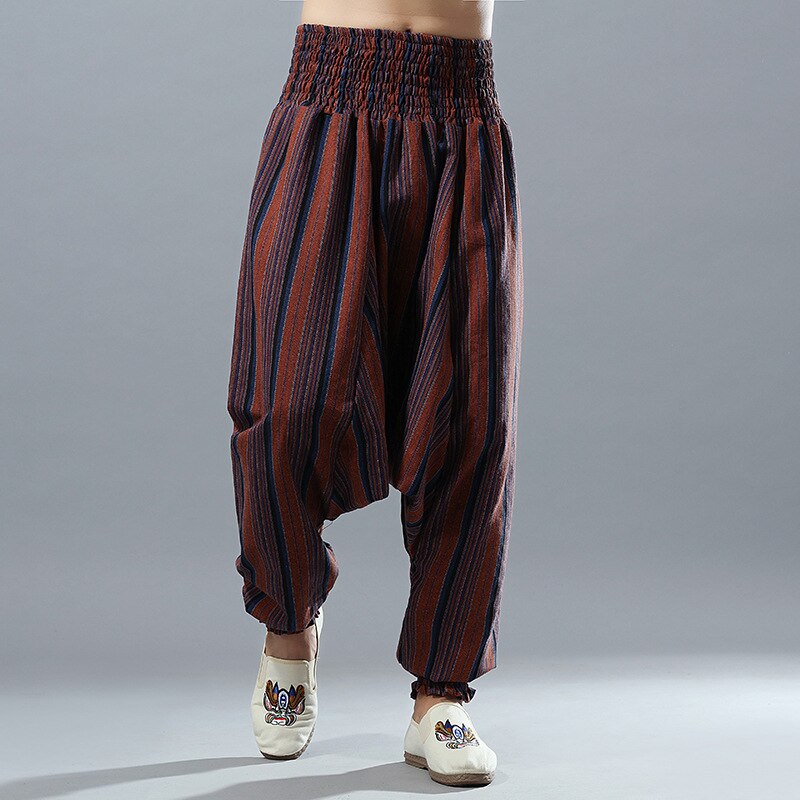 Para Hombre de algodón ropa de bebé hombre Casual Pantalones anchos a rayas Hip Hop pantalones de tiro caído hombres India Nepal pantalones holgados L XL