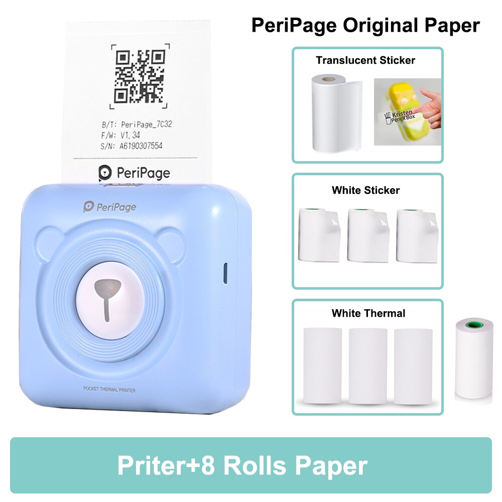 PeriPage A6 203DPI Pocket Thermal Printer Wireless All-in-One Printer BT Picture Label Receipt Paper Printer AR Photo Function: BL-8 papers