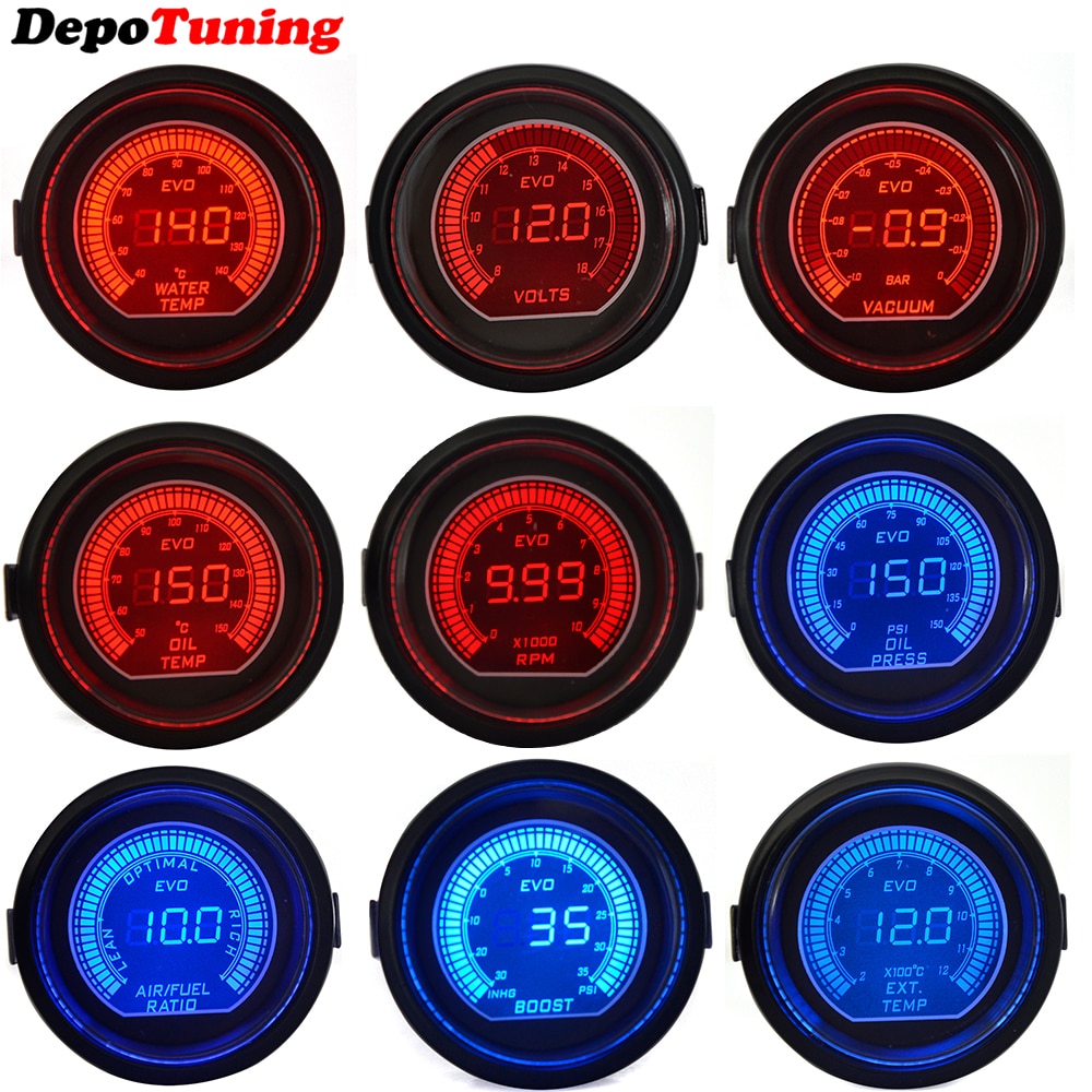 Depotuning 2 &quot;52Mm Auto Boost/Water Temp/Olie Temp/Olie Druk/Volt/Toerenteller/Vacuüm/Air Fuel Ratio/Egt Gauge Red &amp; Blue Dual Led