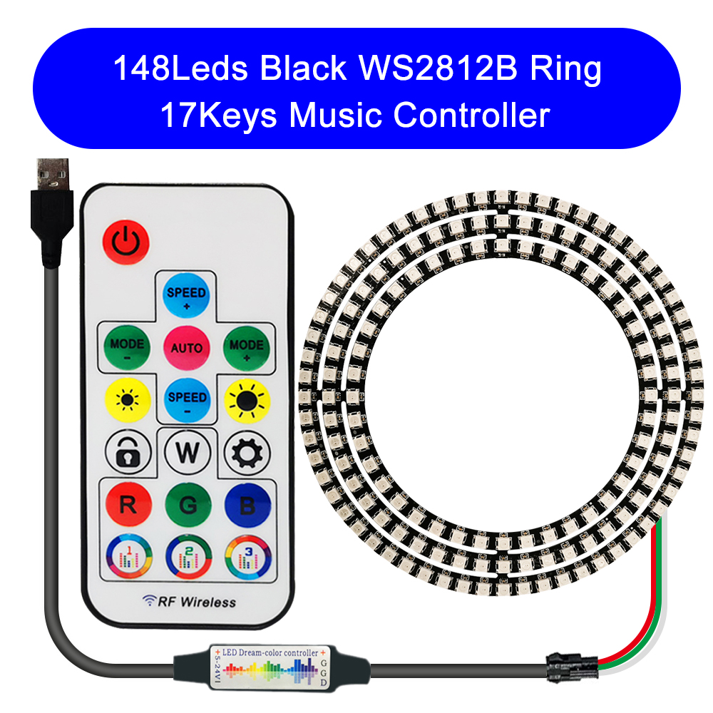 DC5V WS2812B DIY LED Ring 8 to 241 Pixels 5050 RGB Individually Addressable WS2812 Round Modules With 17Keys Music RF Controller: Dark Grey