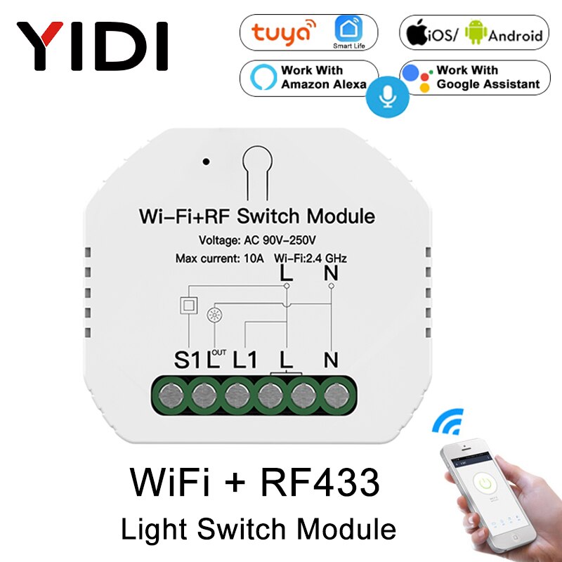 Mini DIY WiFi RF433 Smart Light Switch Module Relay Tuya Smart Life Voice Control 1/2 Way Wall Switch Breaker Alexa Google Home