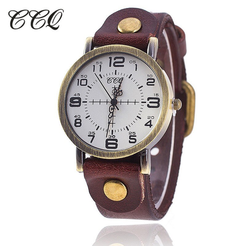 Ccq vintage ko læder armbåndsur kvinder armbåndsure afslappet luksus kvarts ur relogio feminino: Mørkebrun