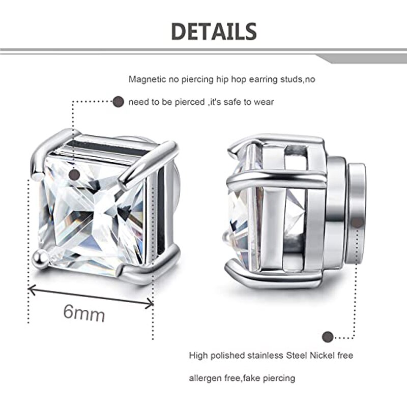 6 Pairs of Magnetic Earrings Men and Women Round Square CZ Magnet Non-piercing Clip Earrings Set Black Steel Gold