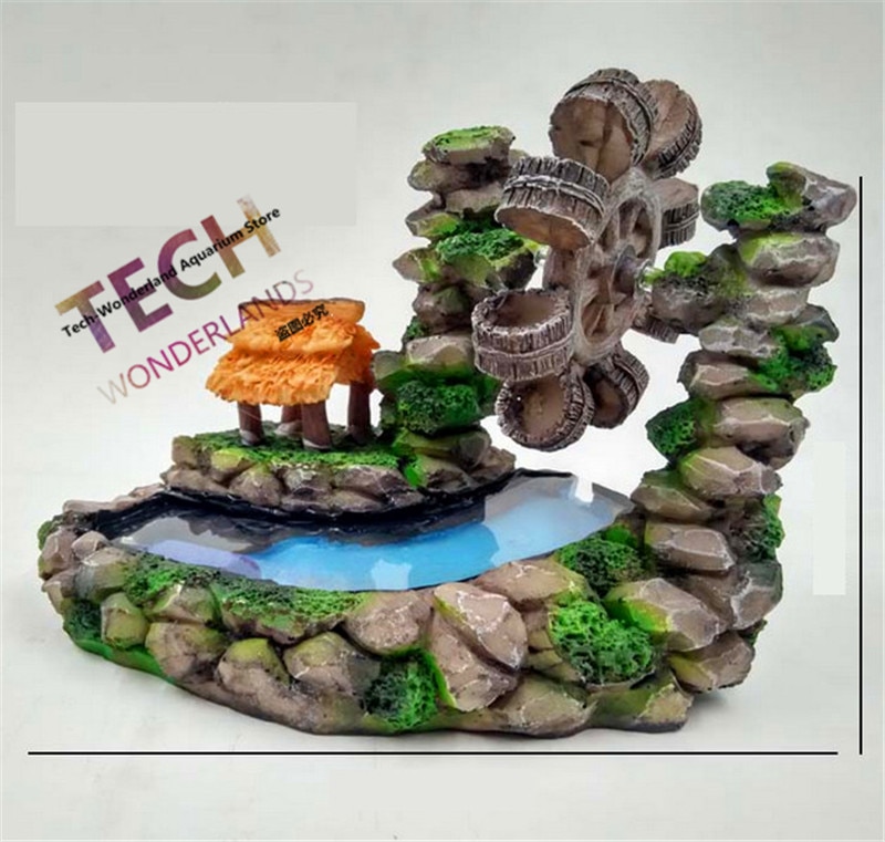 Adorno de resina ambiental para acuario, rueda de agua con rotación, molino de viento de montaña Artificial, decoración de pecera, 150x140mm