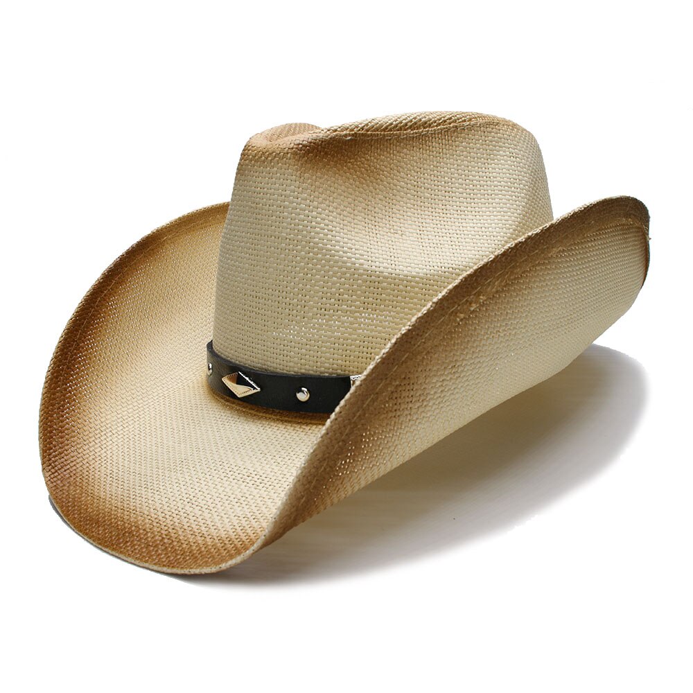Retrostil dam herr sommar halm bred brätte strand cowboy western cowgirl fedora hatt diamantform läderband 58cm