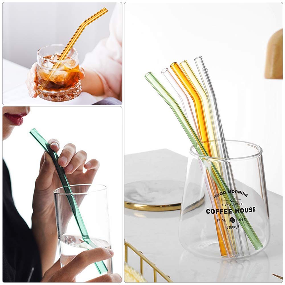8Pcs Colorful Reusable Bent &amp; Straight Glass Straws 8mm Glass Drinking Straw for Smoothies Beverages Shakes with Cleaning Brush