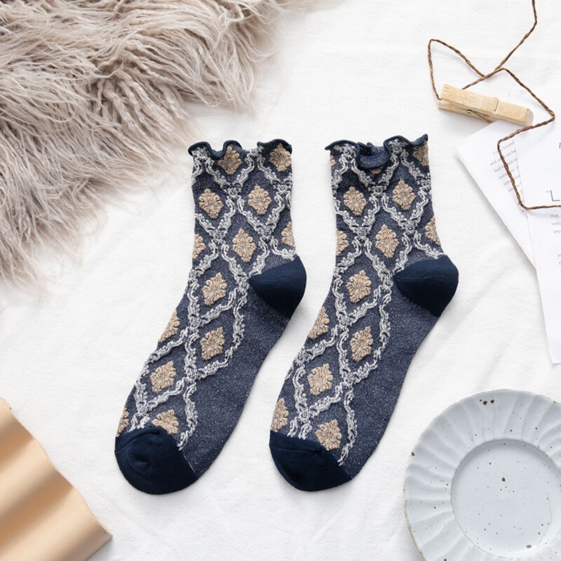 Retro Socks Women Lace Frilly Socks Ruffle Glitter Shiny Casual Harajuku Art Woman Sock Long Trendy skarpety Kawaii Girl: Blue
