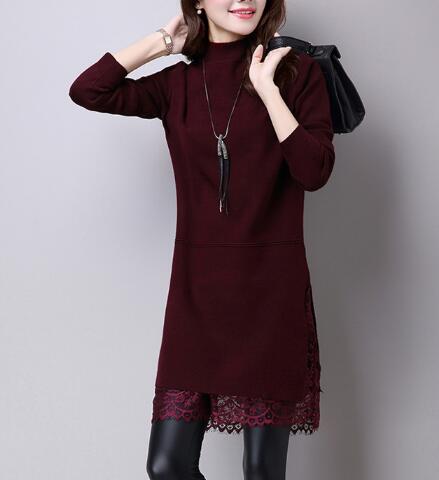 Rihschpiece Winter Lace Dress Women Knitted Sweater Dresses Mesh Vintage Black Turtleneck Warm Dress RZF1399: Burgundy