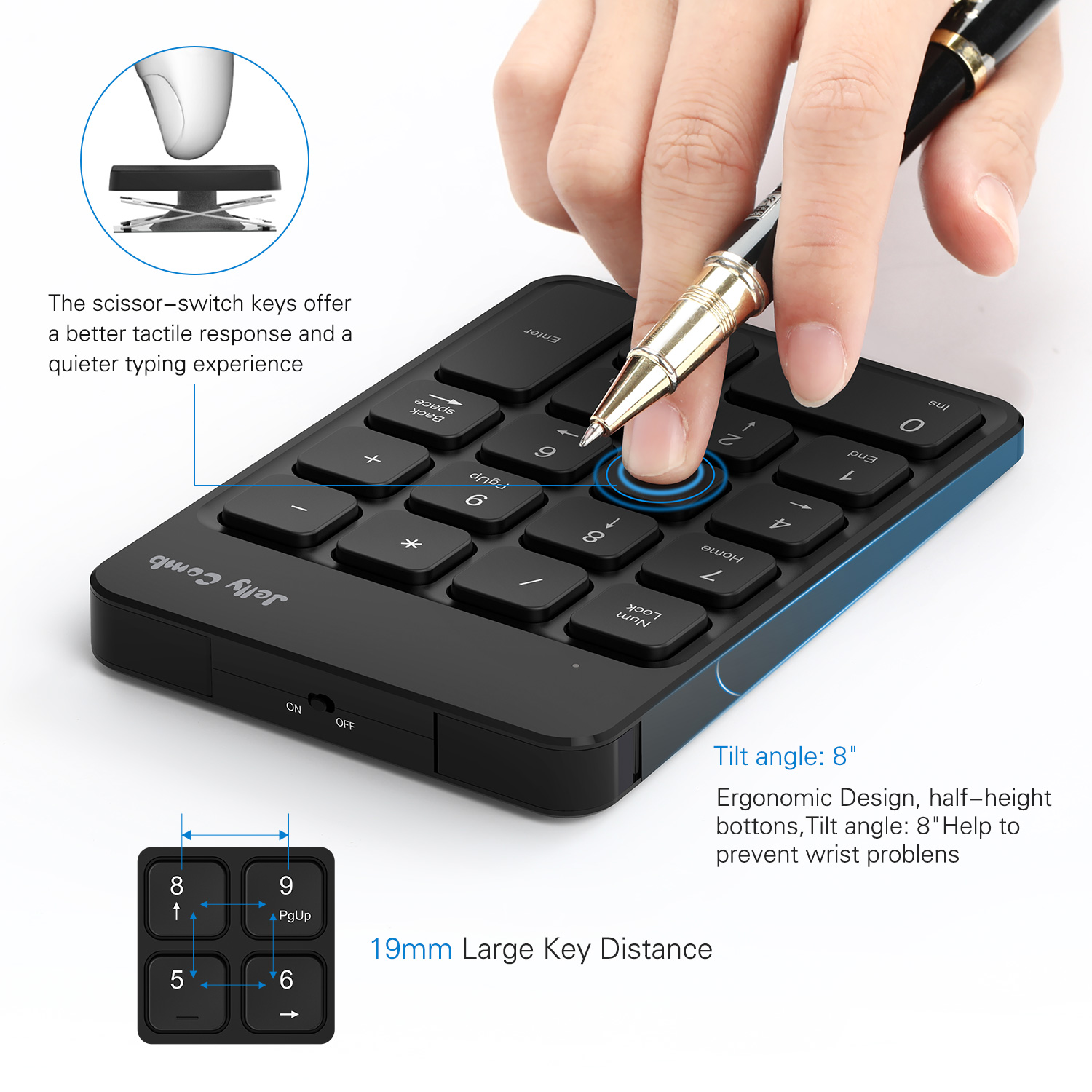 Jelly Comb Wireless Numeric Keypad and Mouse Combo 2.4G Rechargeable Number Keypad &amp; Mouse Set - Sharing One USB receiver