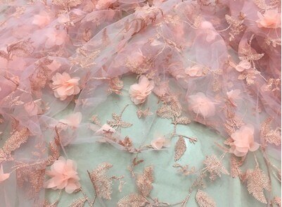 Tøj syning stof garn 3d broderi chiffon blomst blonder stof mesh materiale diy kjole tøj tilbehør  d607: Lyserød