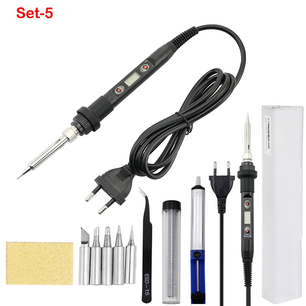 Digital Kit de soldadura eléctrico de hierro temperatura ajustable 220V 110V, herramienta de soldadura calentador de cerámica de puntas de soldadura de herramientas eléctricas: Black / set-5 / US