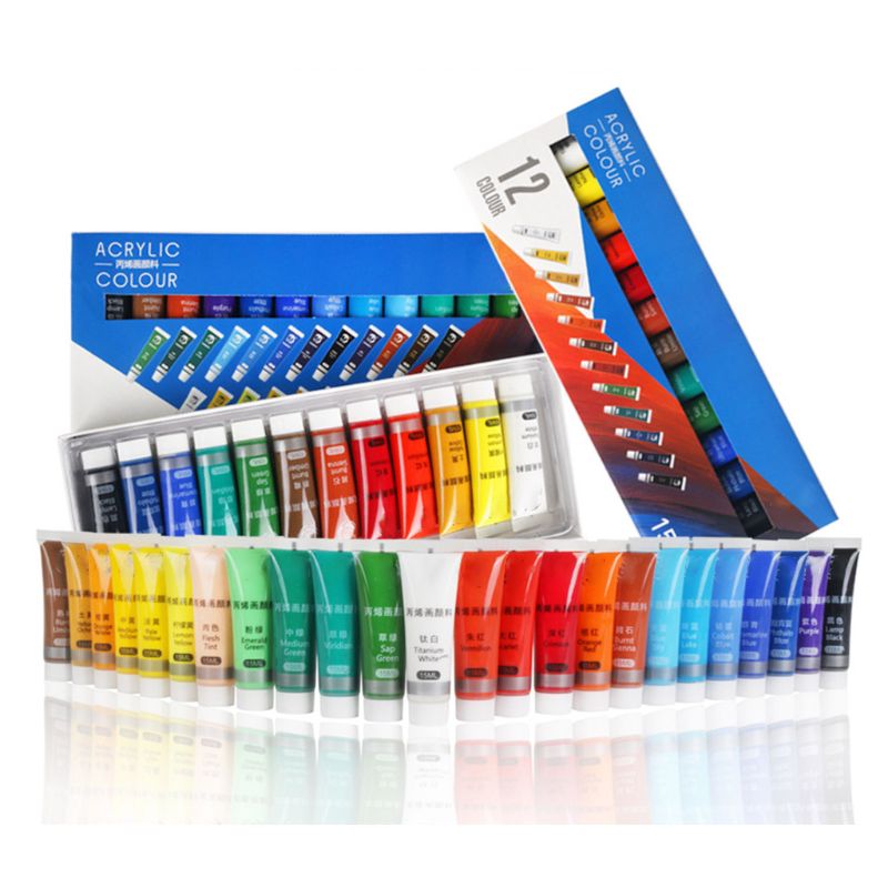 Acrylverf set mét 3 Bonus Penselen – 12 Kleuren – Acrylverf tubes