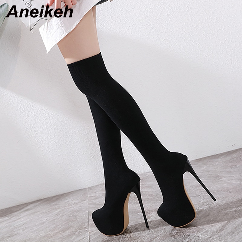 Aneikeh Stretch Fabric Over-the-Knee Boots Shoes Woman 17 CM Thin High Heels Chelsea Riding, Equestrian Nightclub Botas