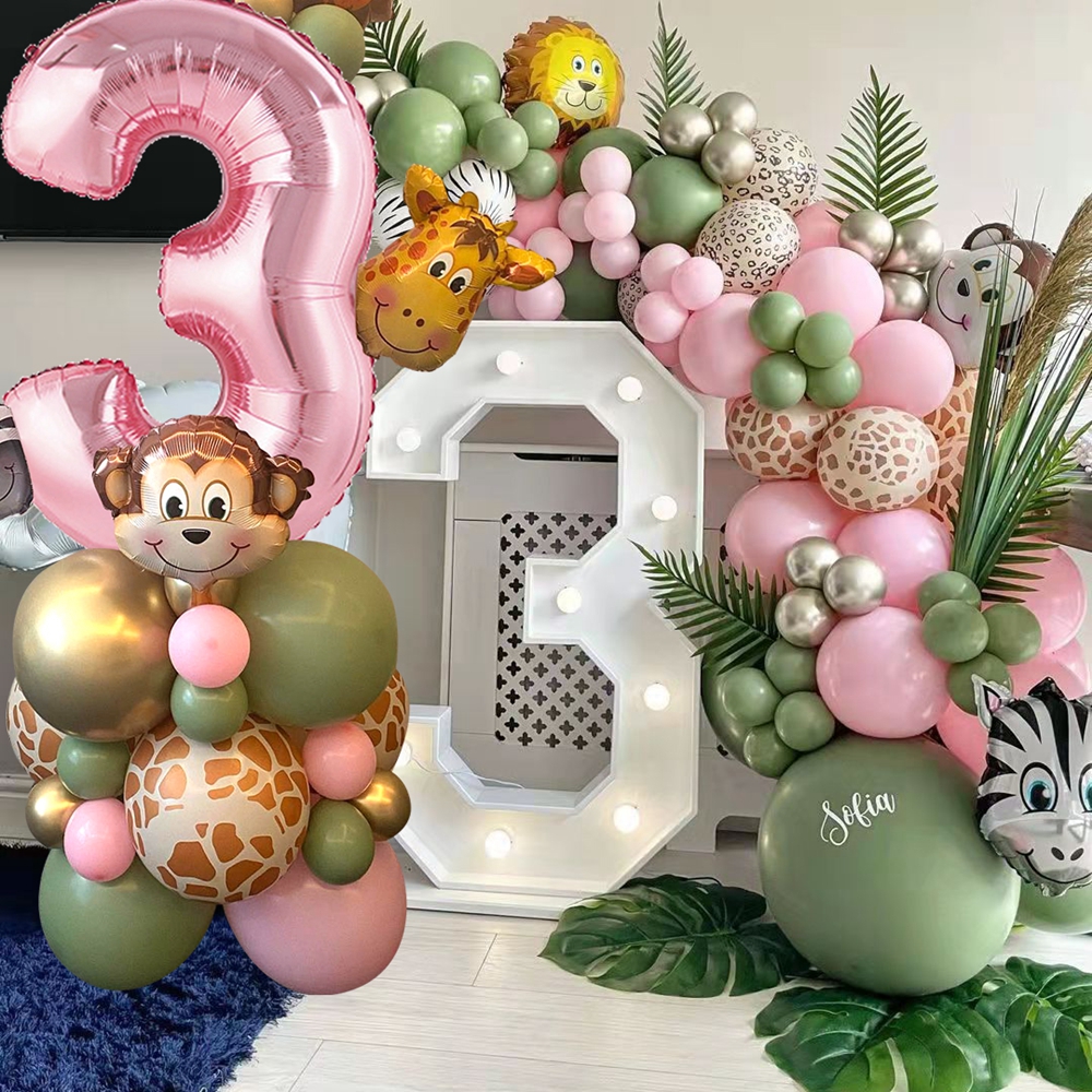 31 pezzi di cartone animale selvatico torre di palloncini da 32 pollici rosa numero palloncino Foglio per decorazioni per feste di compleanno a tema selvaggio uno da ragazza