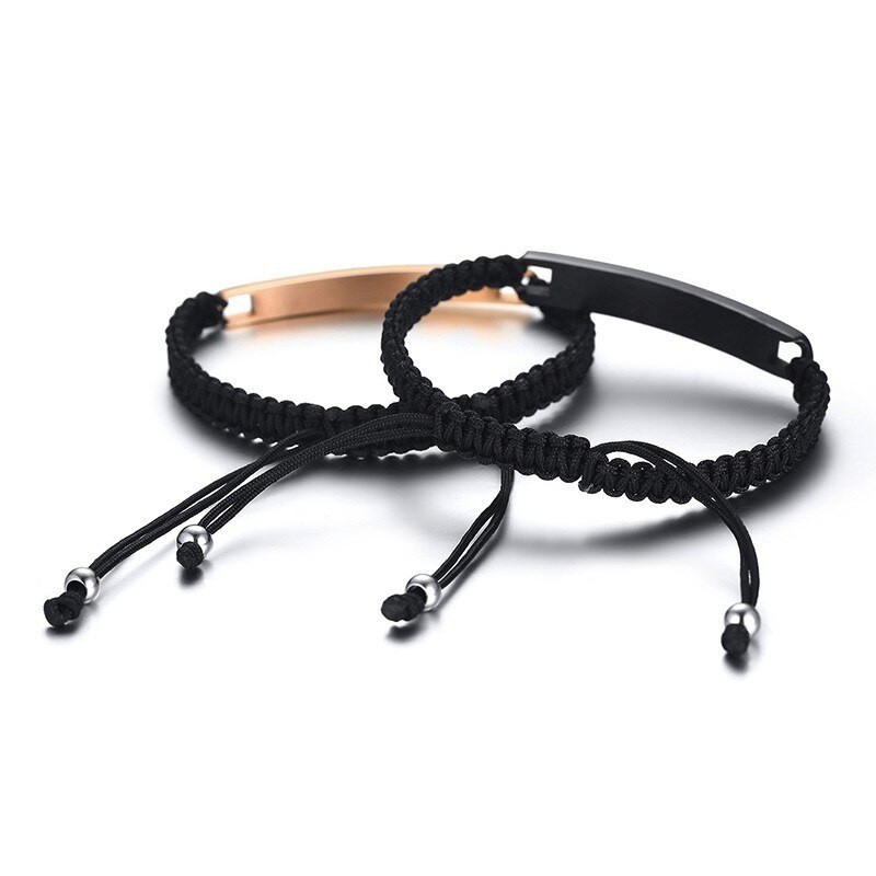 His Crazy Her Weirdo Stainless Steel Tag Couple Bracelet in Black Braided Rope Jewelry