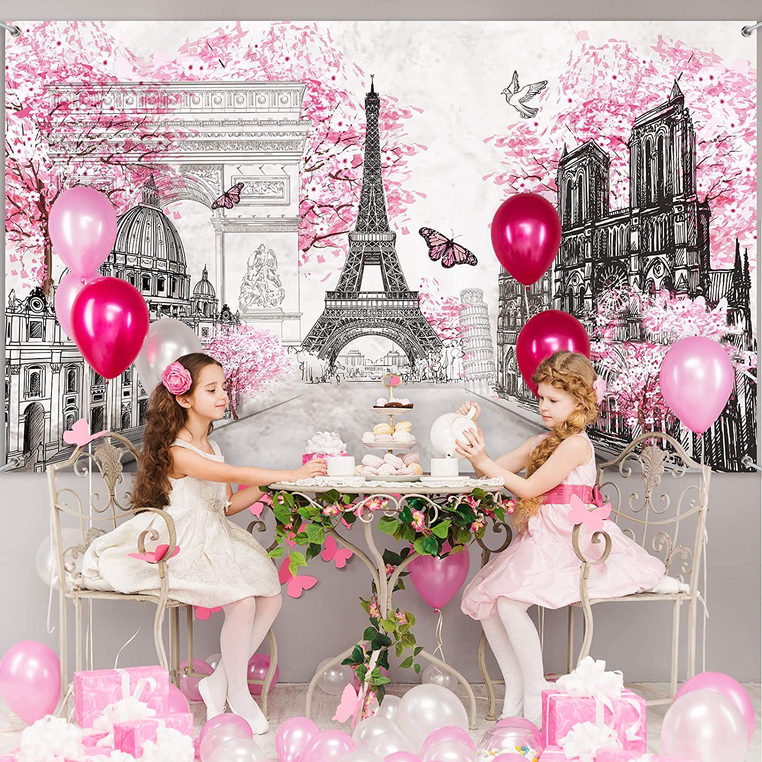 Paris Tapestry Backdrop Paris Wall Art Eiffel Tower Photo Banner Background European City Landscape Pink Wall Hanging Decor