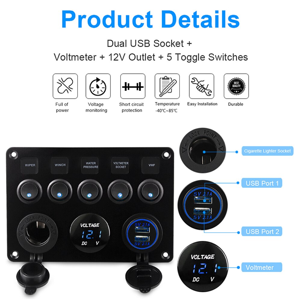 Control Panel Switch 5 Gang On-Off Toggle Usb Charger Car Ship Yacht Combination Panel With Usb Cigarette Lighter Socket