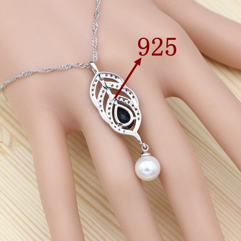 925 silber Schmuck-Set Für Frauen Engagement Blau Stein Weiß Perle Herz Form Armband Halskette Anhänger Ohrringe Offenen Ring