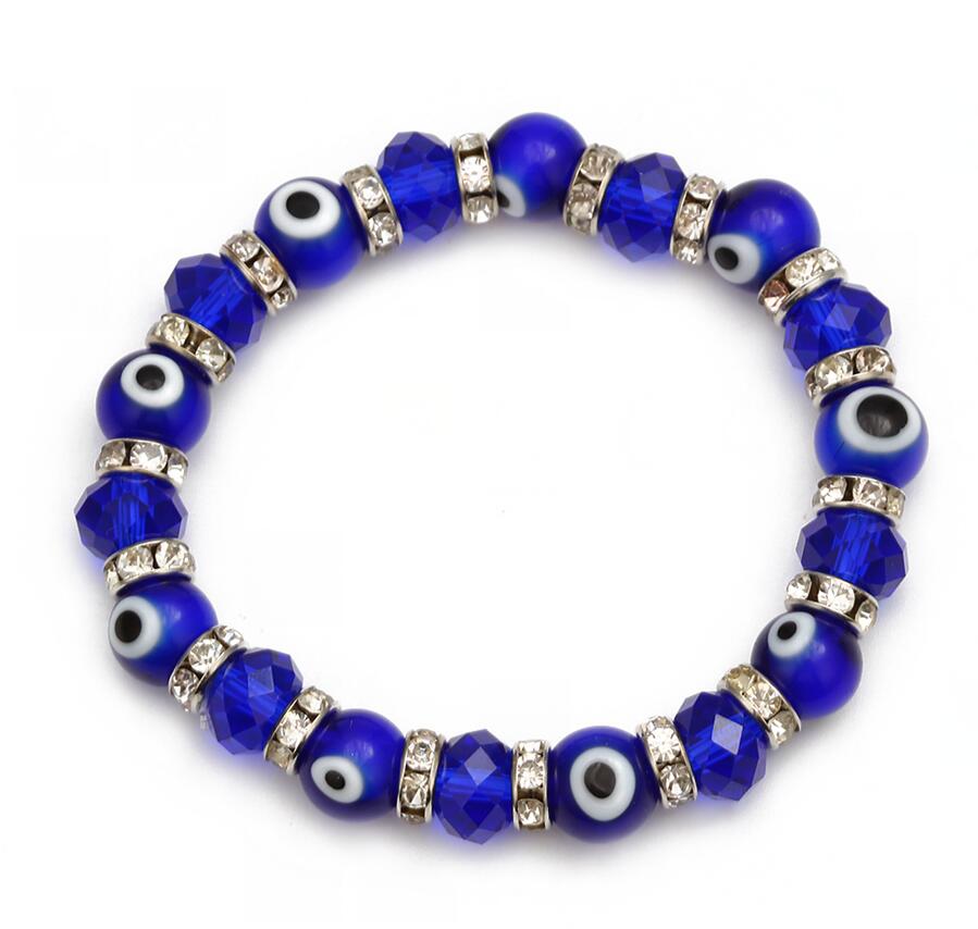 Meibeads 1pc moda azul turco mau olho charme pulseiras de cristal de vidro contas pulseira para mulheres meninas elástico artesanal jóias: blue