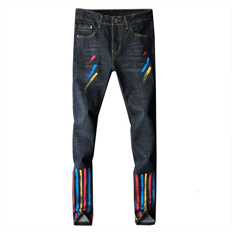 Kleur Strepen Jeans Mannen Elastische Kracht Punk Nachtclub Persoonlijkheid Straight Gedrukt Jean Man Trendy Gekleurde Tekening Denim Broek