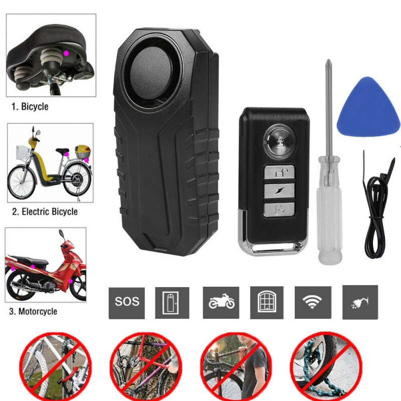 Snabbt skepp! 113db trådlösa larm stöldskydd vibrationer motorcykel cykel vattentät säkerhetssensorer cykel larm med fjärrkontroll