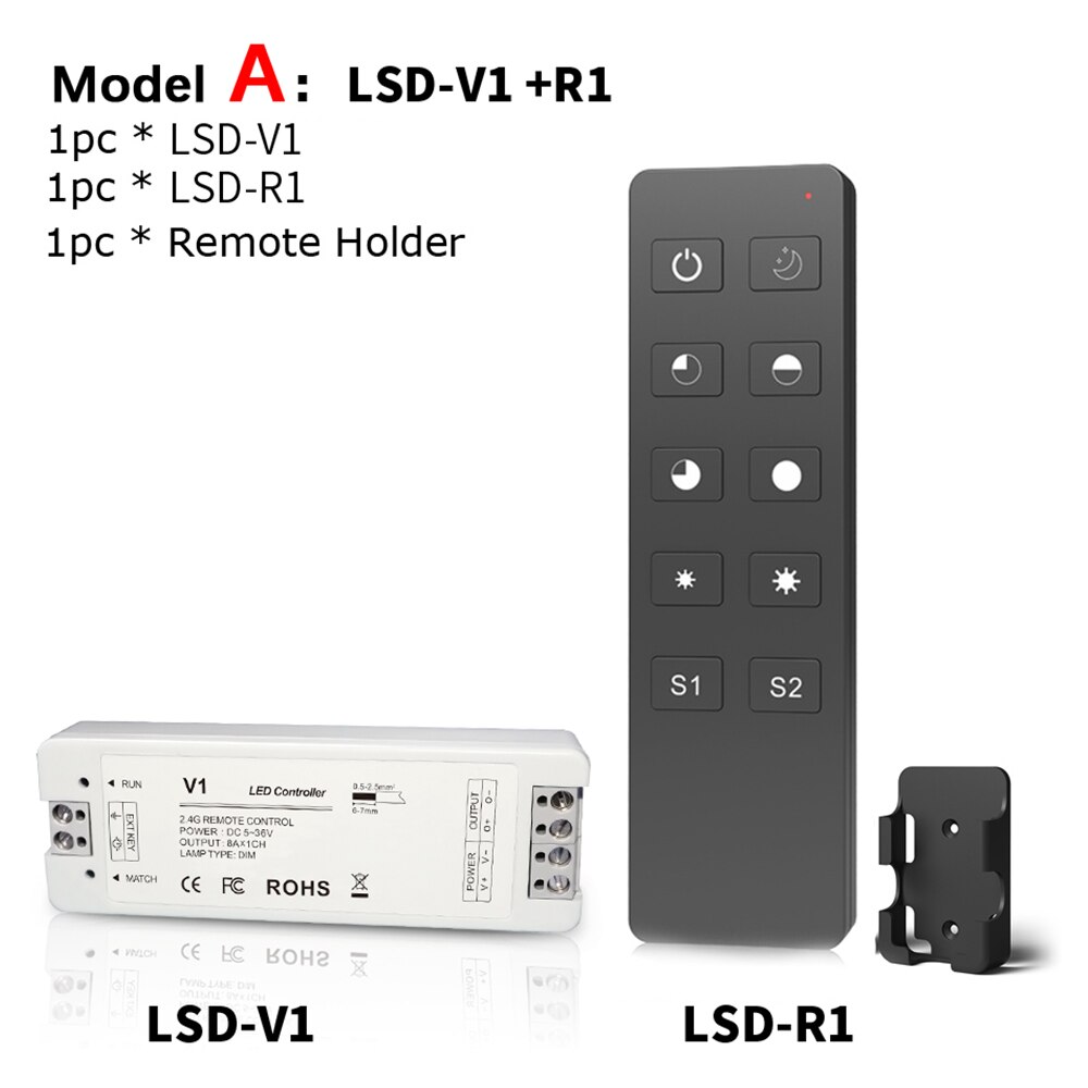 Lisxchda-regulador de intensidad LED, 12V, 5V, 24V, 36V, 8a, PWM, inalámbrico, regulador de intensidad con encendido apagado, con mando a distancia de 2,4G para cinta de LED de único Color: A Model