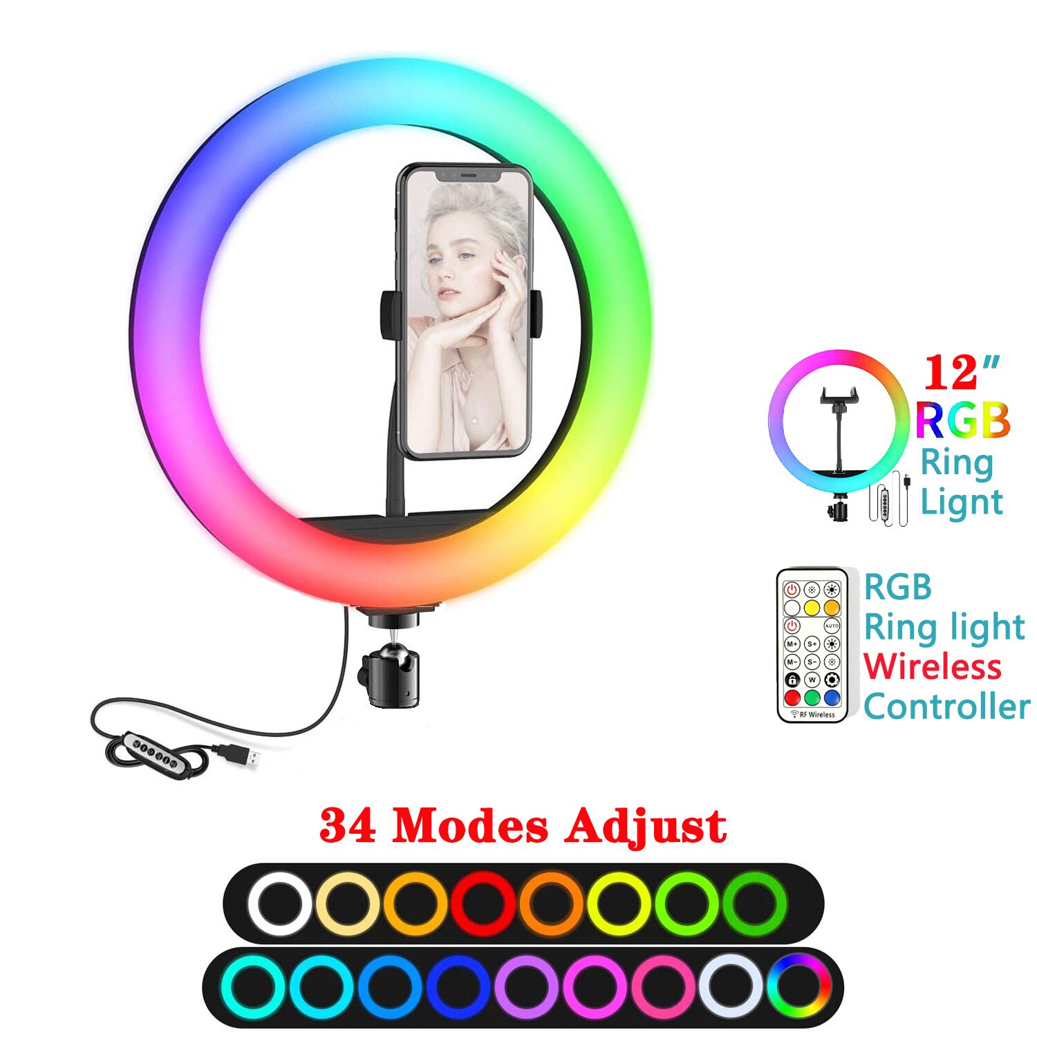 Anillo de luz Led para Selfie, lámpara de luz de relleno circular de 30cm, 12 pulgadas, con trípode y soporte para teléfono: only 12in lights