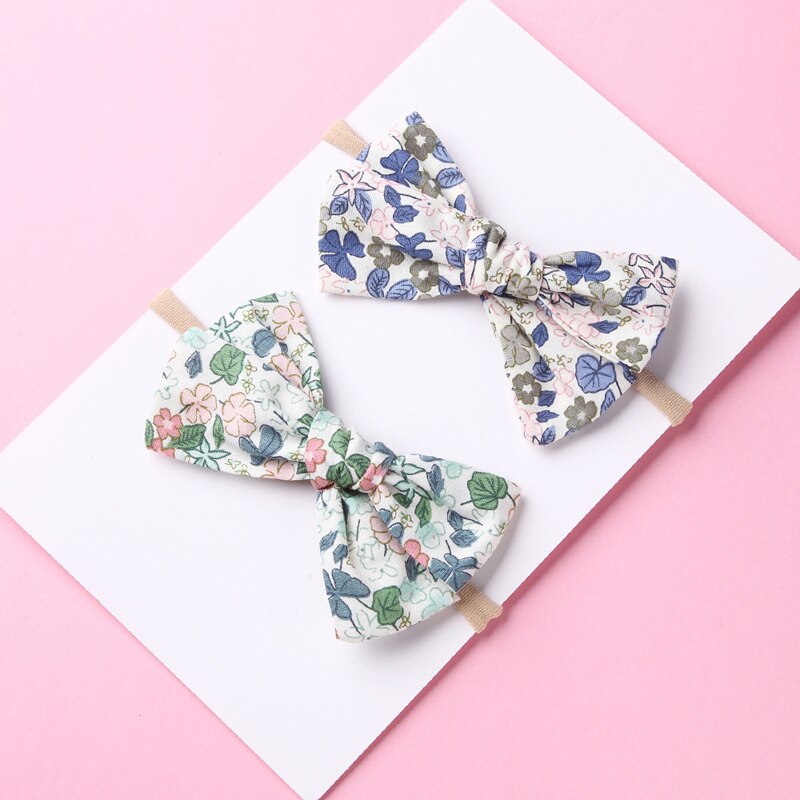 Warmom Classic Rural Floral Linen Fabric Bowknot Headwear Children's Super Soft Nylon Hair Band Kids Girl Hair Accessories