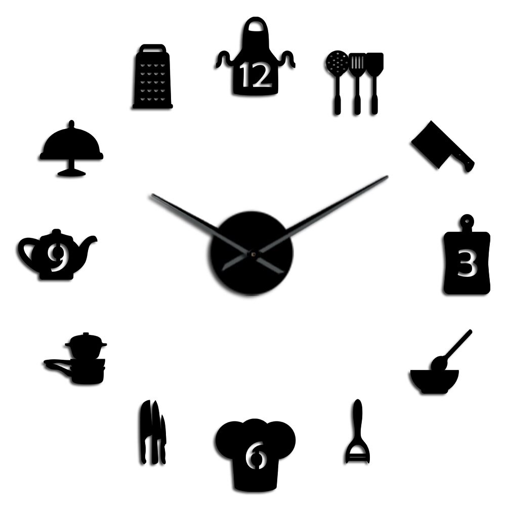 Kitchen Tools DIY Giant Wall Clock Kitchen Utensils Frameless Large Wall Watch Modern Dining Room Kitchen Art Decor Timepiece: Black / 27 Inch