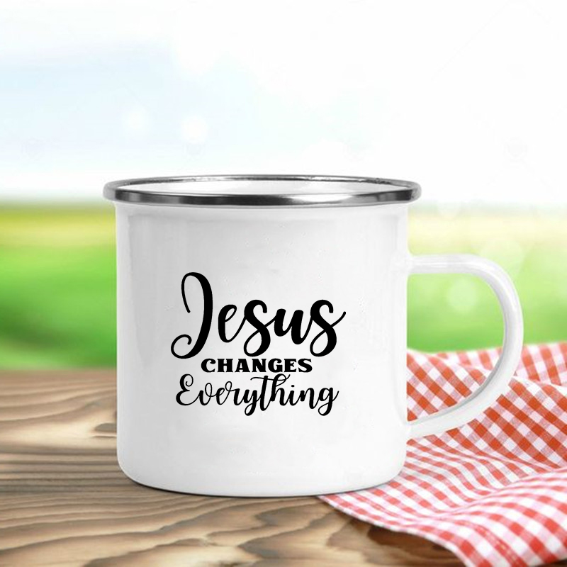 Jésus est dieu imprimer tasses en émail chrétien tasses à café boisson Dessert petit déjeuner lait tasse Vintage tasse poignée Drinkware: Marron