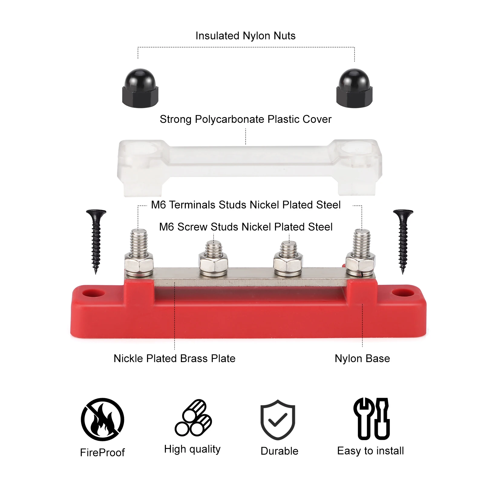 12V-48V Busbar Terminal Block Battery Bus Bar Terminal Block 48V 150A Marine 8x1/4 M6 Power Distribution Block with Cover
