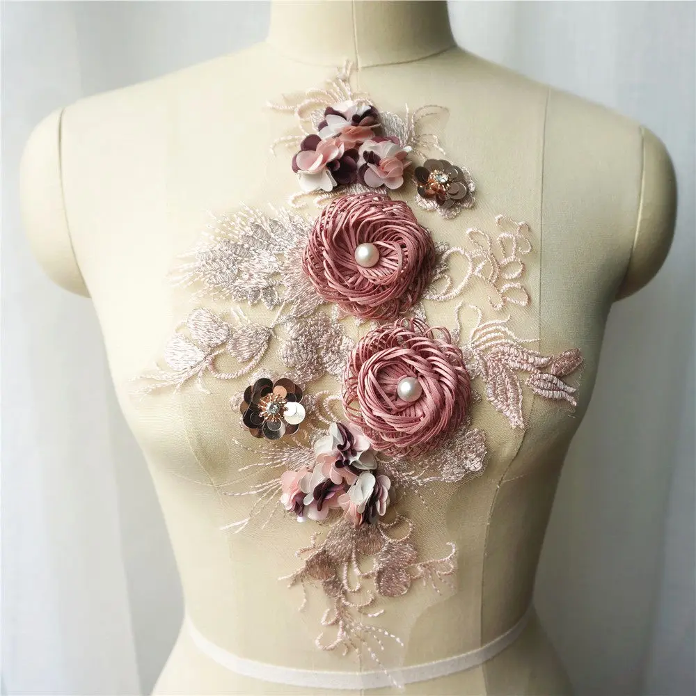 Rosa 3d flor tecido de renda contas lantejoulas bordado vestido de casamento apliques colarinho malha costurar remendos para vestido decoração diy