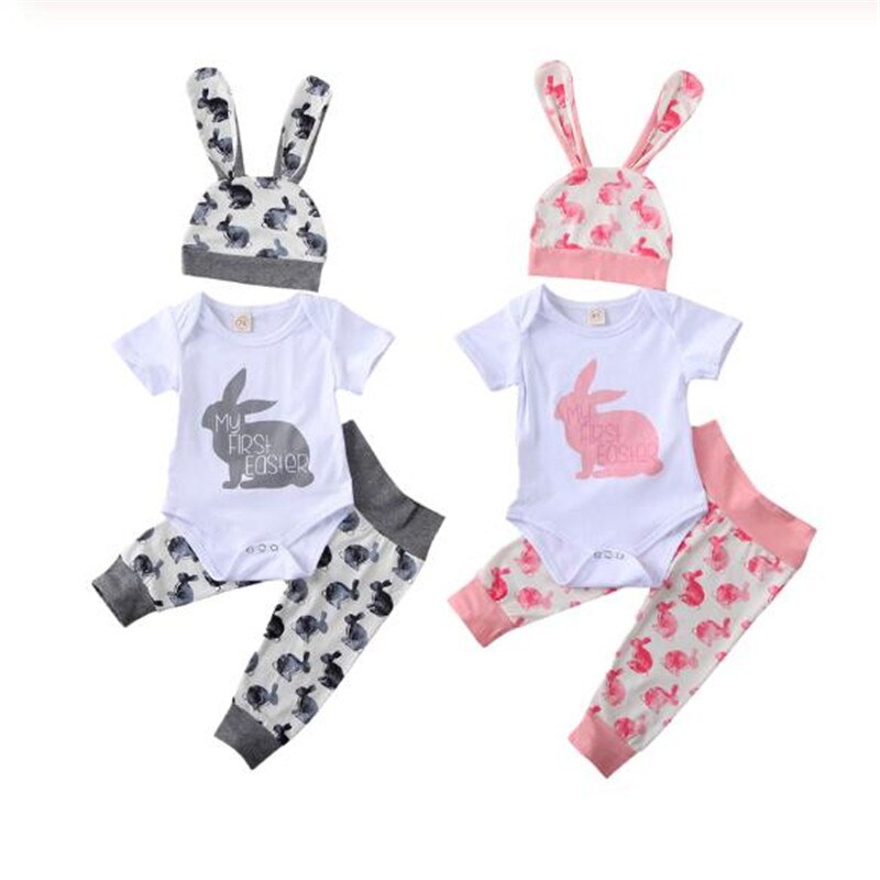 Newborn Baby Boys Girls Easter Outfits Set Cute Bunny Print Short Sleeve Romper Tops Floral Pants Hat 3Pcs Cotton Baby Set