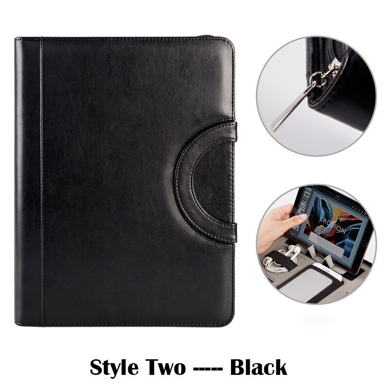 Portable A4 Binder Folder PU Leather Manager Padfolio Files Holder Business Zipper Document Organizer Briefcase Filing Products: Black