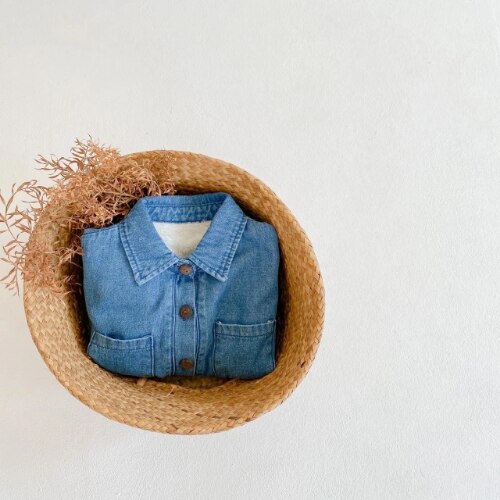 Outono do bebê macacões da criança menina menino plus velo de manga comprida denim macacão inverno uma peça macacão