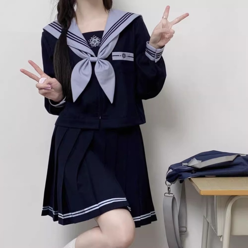 Japansk jk-uniform preppy-stil sjömansdräkt söt blå lång kortärmad topp med åtsittande midja och plisserad kjol för flicka