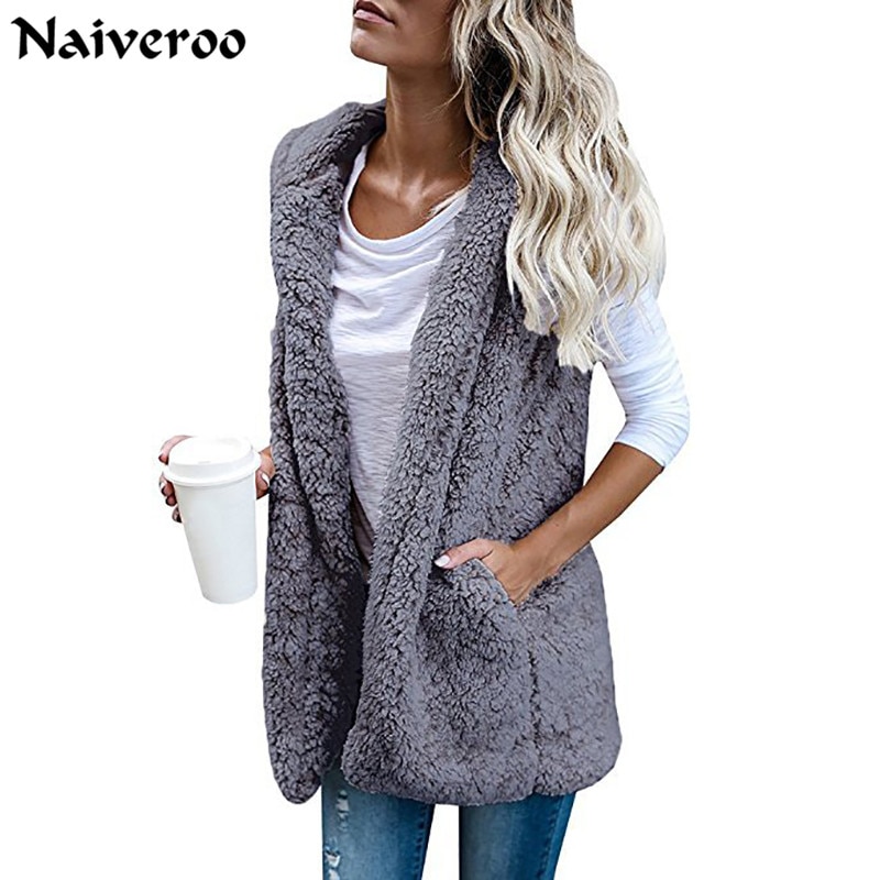 Hooded Vest For Women Autumn Winter Thick Warm Lamb Cashmere Coat Sleeveless Pocket Vests Jacket Outwear Casual Vest