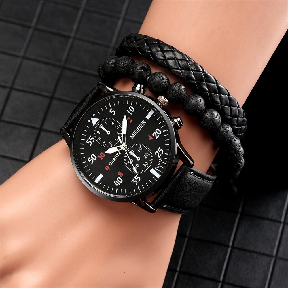 Reloj de pulsera de cuero de cuarzo para hombre y mujer, Set de 3 piezas con caja de , pulseras de , de cumpleaños para Hijo/marido/amigos