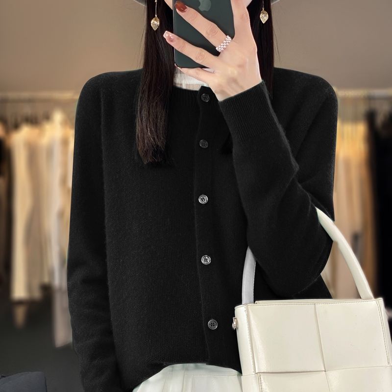 Kvinder 100%  merinould cardigans cashmere sweater efterår vinter o-hals langærmet strikvarer dame basistøj toppe: M / Sort